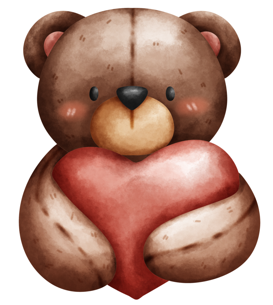Cute and cuddly portrait teddy bear doll hug heart in watercolor style png