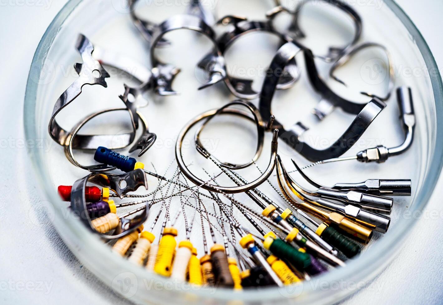 Dentists Tools in Cabinet . Different dental instruments and tools in dentists office photo