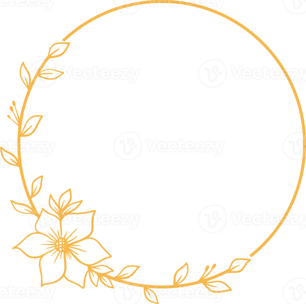 Round Floral frame with hand drawn flowers and leaves for wedding invitation png