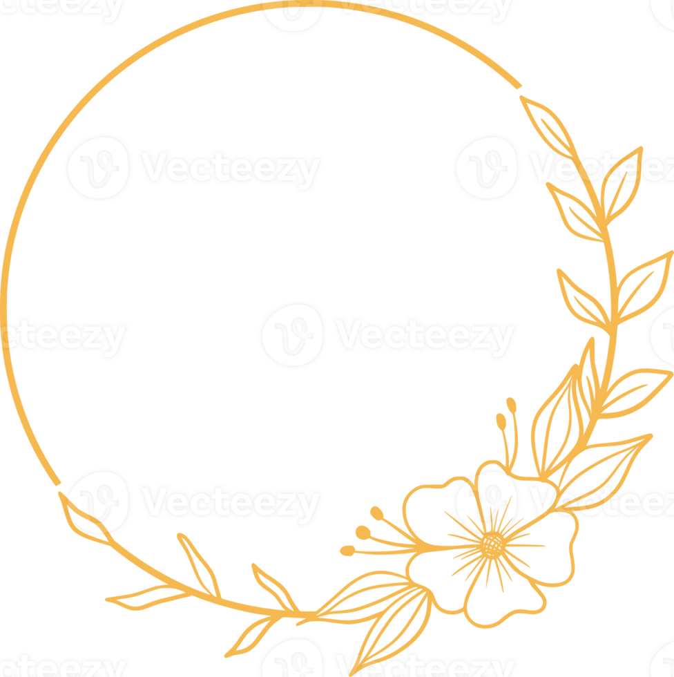 Round Floral frame with hand drawn flowers and leaves for wedding invitation png