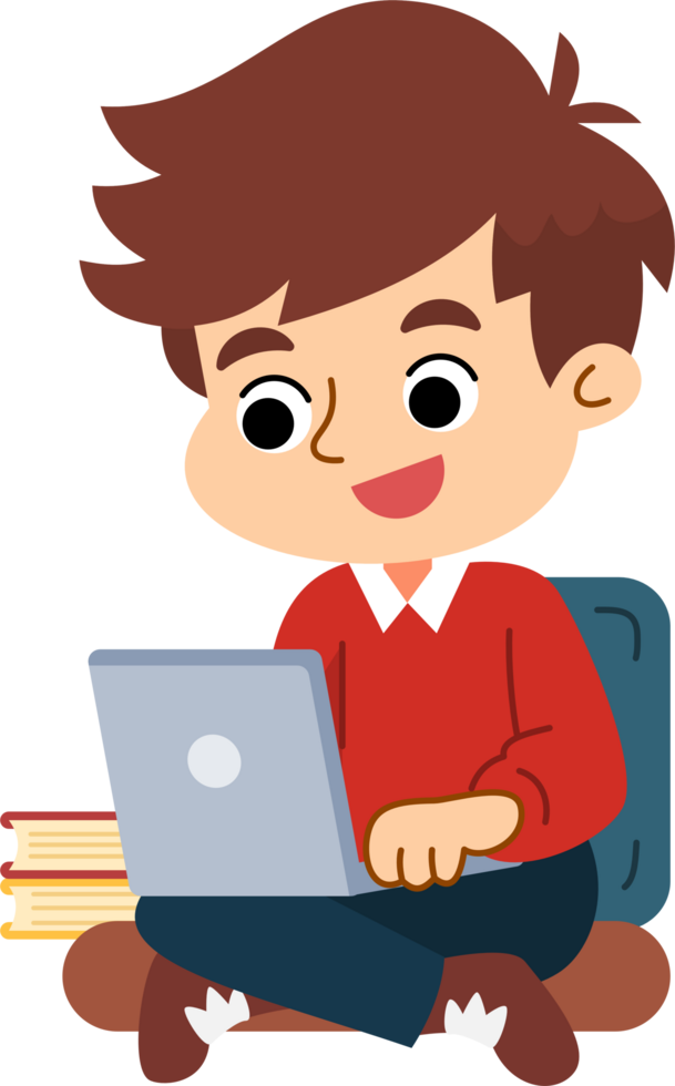 The cute boy is relaxing and enjoying using the computer laptop. Flat style cartoon illustration. png