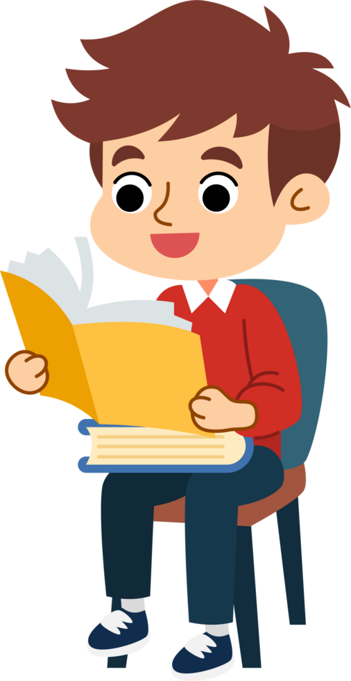 The cute boy is relaxing and enjoying reading books. Flat style cartoon illustration. png