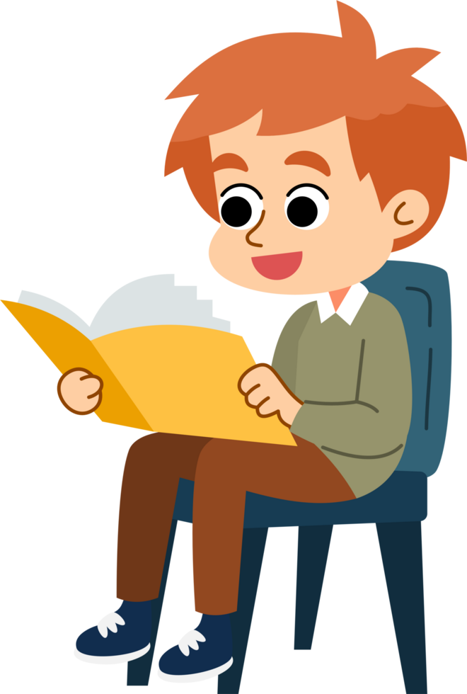 The cute boy is relaxing and enjoying reading books. Flat style cartoon illustration. png