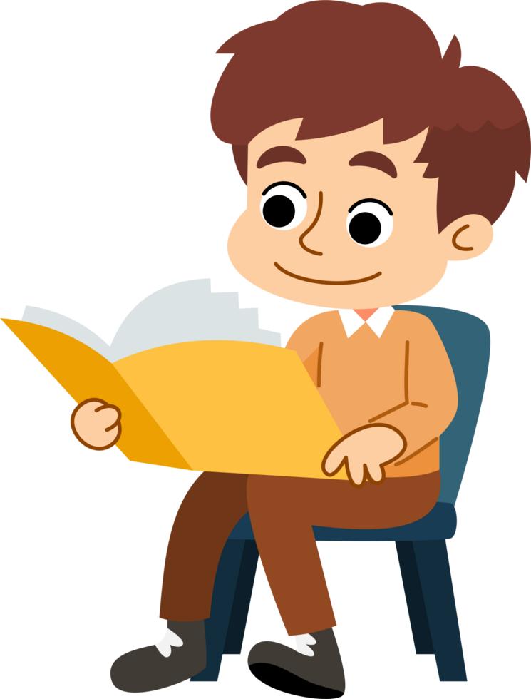 The cute boy is relaxing and enjoying reading books. Flat style cartoon illustration. png