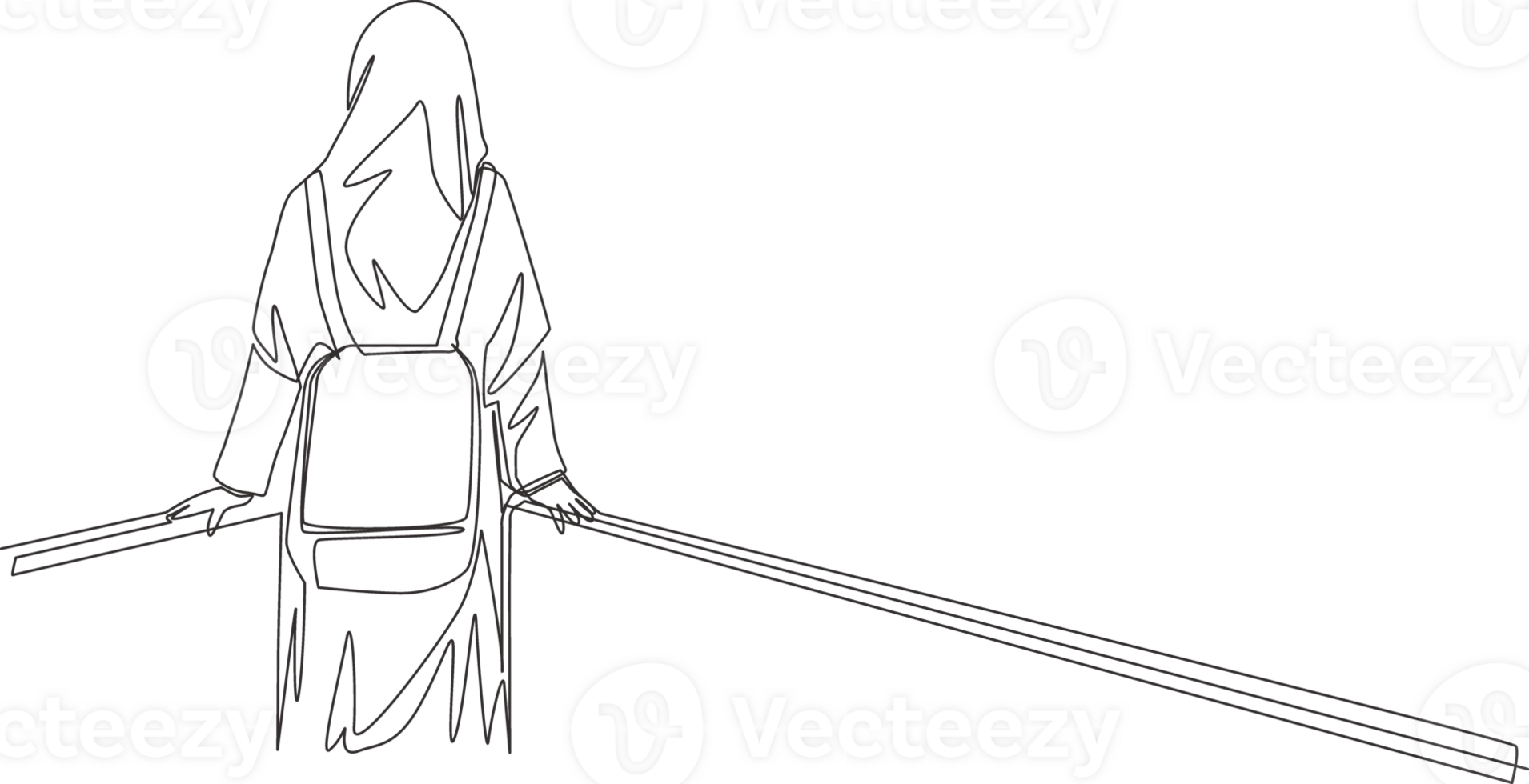 One single line drawing of young beauty middle east muslimah wearing burqa and carrying bag, back view. Traditional Arabian woman niqab cloth concept continuous line draw design illustration png