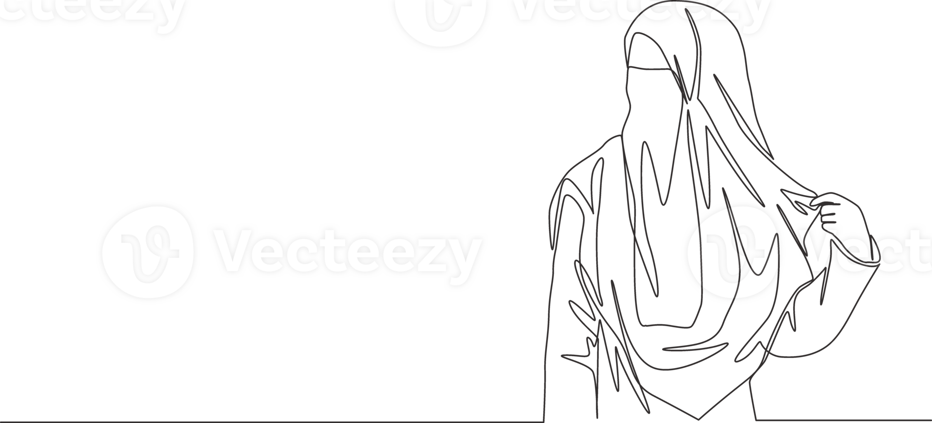 One single line drawing of young attractive Asian muslimah wearing burqa while holding her veil. Traditional beauty Arabian woman niqab cloth concept continuous line draw design illustration png