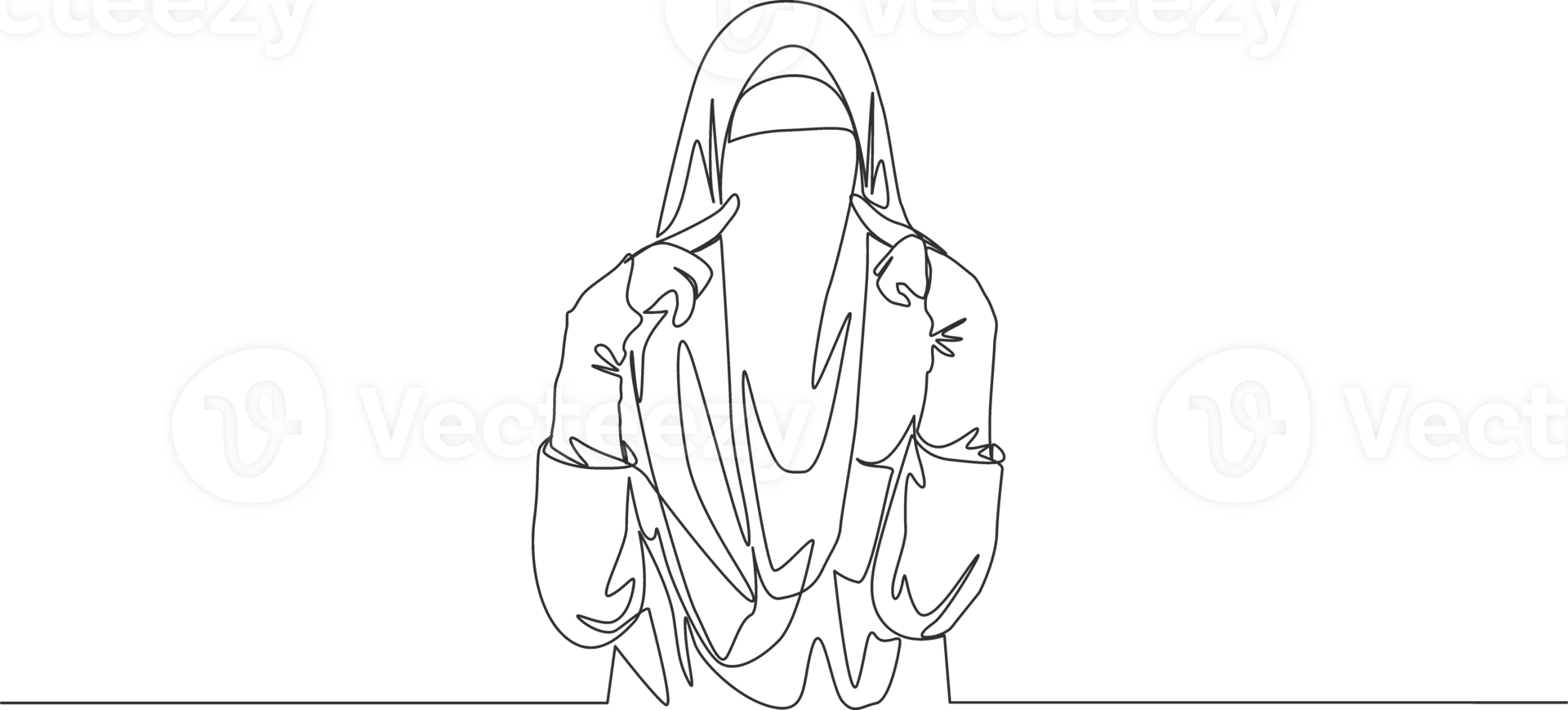 Single continuous line drawing of young cute Asian muslimah wearing burqa while touching her cheeks. Traditional beauty muslim woman niqab with hijab concept one line draw design illustration png