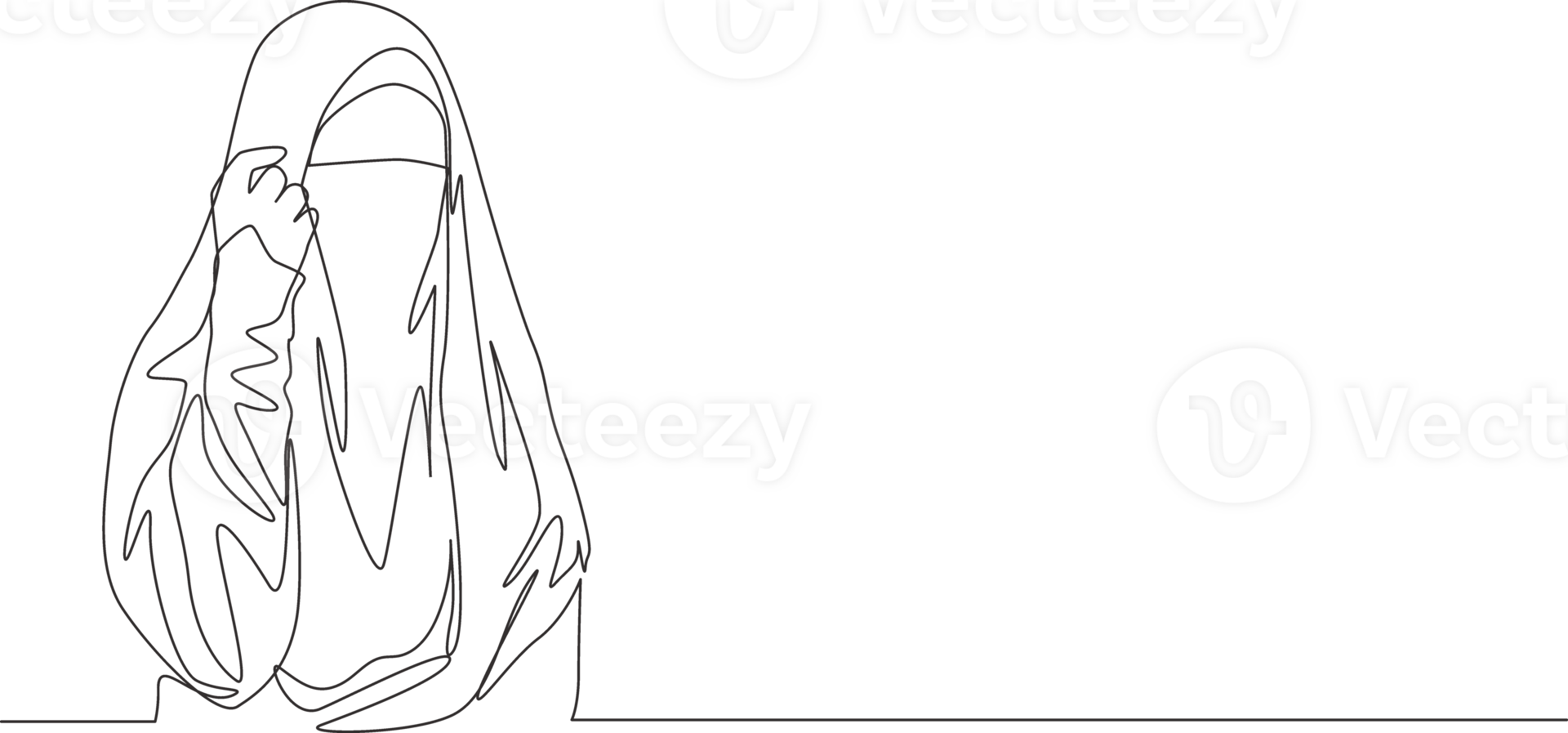 One single line drawing of young happy attractive Asian muslimah wearing burqa and pose nicely. Traditional beautiful Arabian woman niqab cloth concept continuous line draw design illustration png