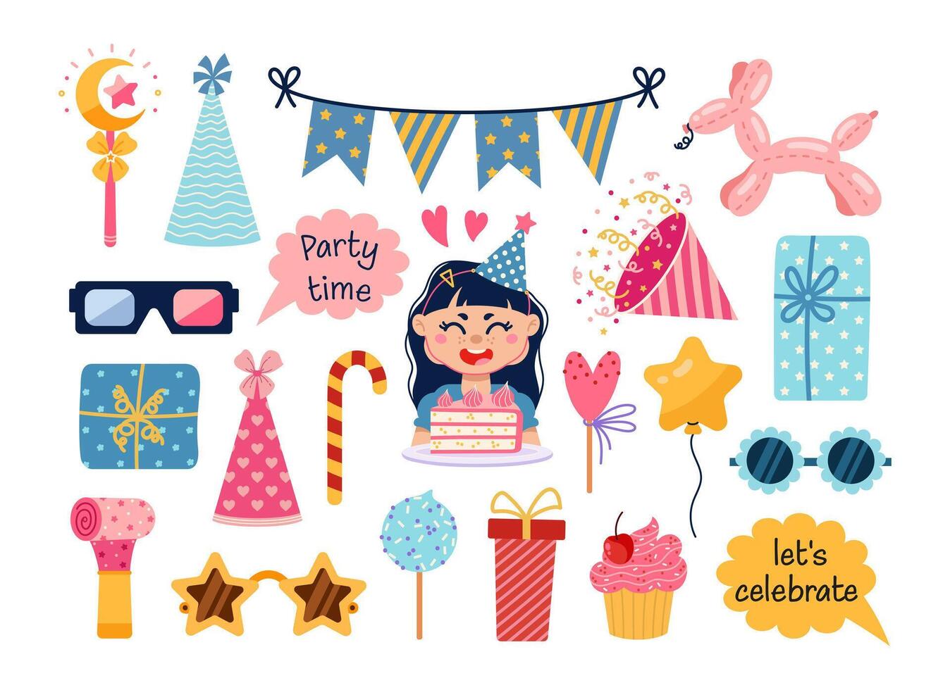 Birthday vector set. Cute smiling girl with a cake. Festive elements - firecracker, funny glasses, whistle, party hat, gift, balloon. Surprise for a kid, holiday celebration. Flat cartoon clipart
