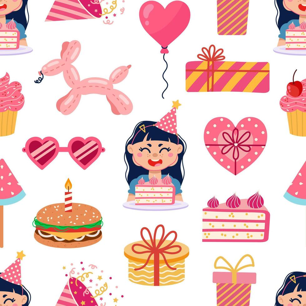 Happy birthday seamless vector pattern. Festive elements - cute girl with a cake, balloons, firecracker, party hat, gifts, funny glasses. Surprise for a child, kid. Birth celebration, pink background