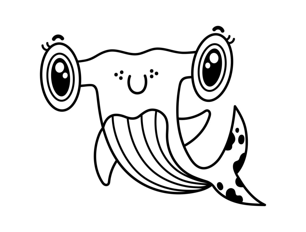 bebé cabeza de martillo tiburón vector ilustración. linda simpático pescado sonrisas y olas sus aleta. un depredador submarino animal, gracioso Oceano personaje. negro describir, garabatear aislado en blanco. colorante libro