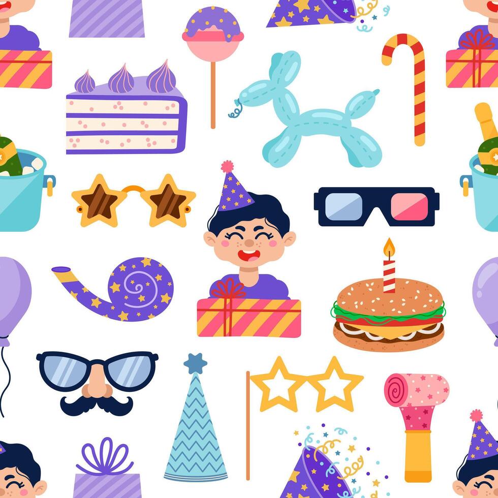 Happy birthday seamless vector pattern. Holiday elements - boy with a gift, balloon, firecracker, party hat, funny glasses, whistle, burger. Surprise for a kid, baby. Birth celebration background