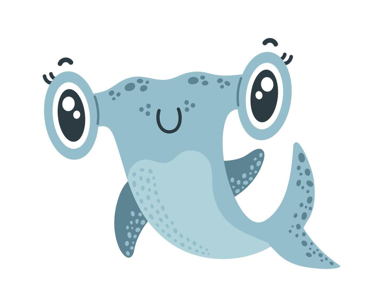 Baby hammerhead shark vector illustration. Cute grey friendly fish smiling. A predatory underwater animal waves its fin, posing. Funny hand drawn character. Comic cartoon clipart for kids, print, web