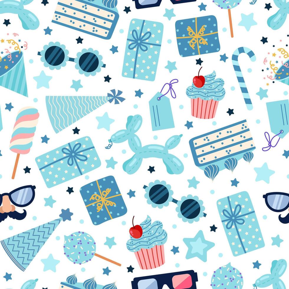 Birthday party seamless vector pattern. Festive elements - balloon, funny glasses and masks, gifts, firecrackers, cake, sweets. Surprise for a kid, child, baby. Event celebration, holiday background