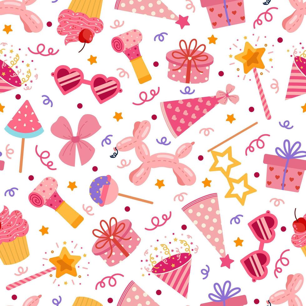 Party seamless vector pattern. Cute pink toys for a girl - balloon, whistle, cake, firecracker, gifts, sweets. Surprises for a kid birthday, newborn, baby. Anniversary celebration, funny background