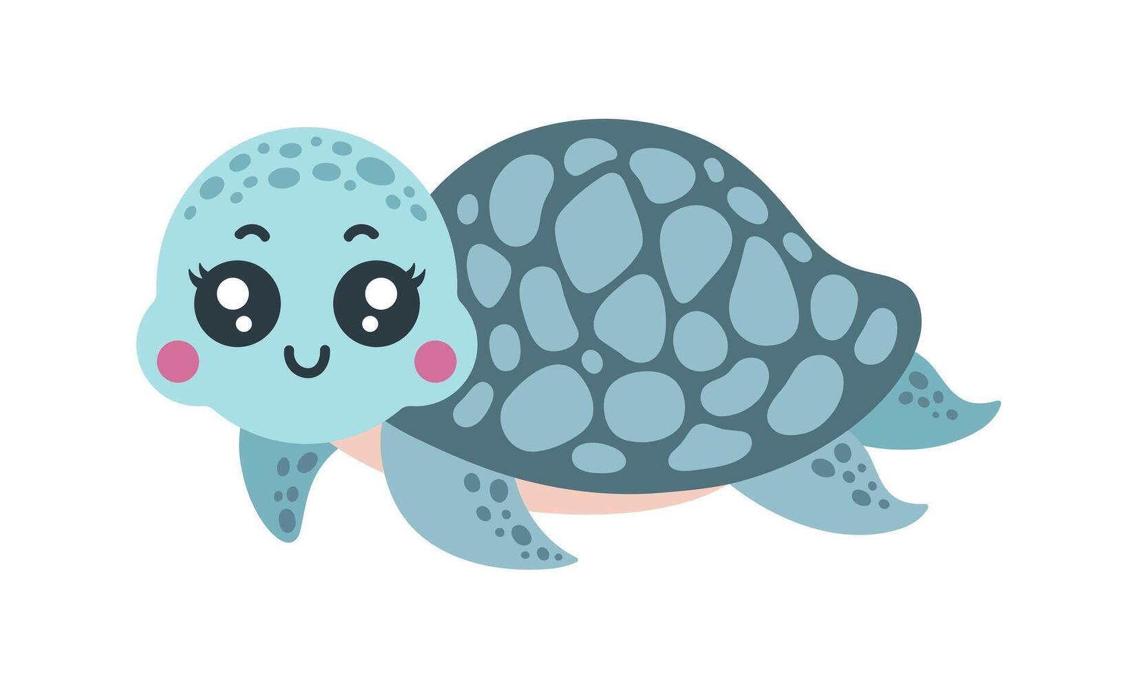 Cute turtle vector illustration. Funny underwater animal swims and smiles. Colorful ocean pet with shell. Happy aquarium reptile, friendly tortoise. Tropical character for children, kids. Cartoon art