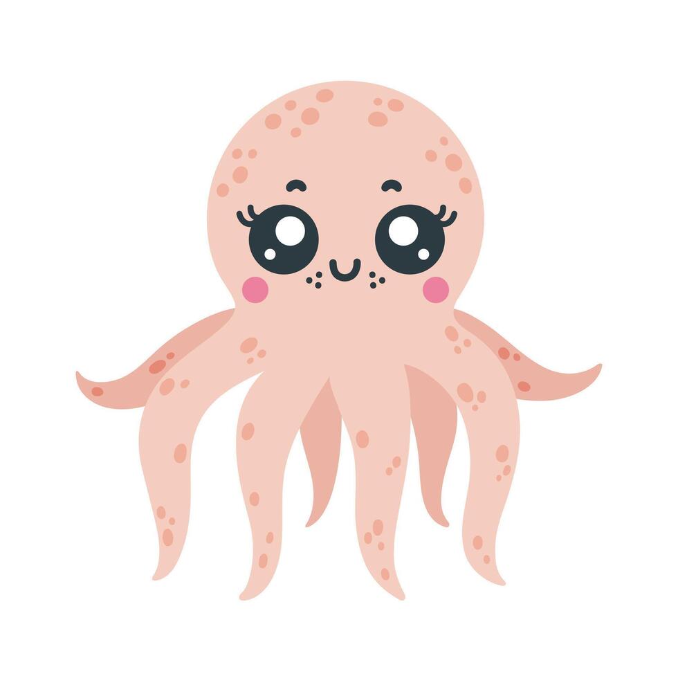 Cute octopus vector illustration. Pink underwater animal smiles and waves its tentacles. Friendly ocean mollusk. Hand drawn cartoon clipart, flat style. Funny sea pet. Playful character for kids