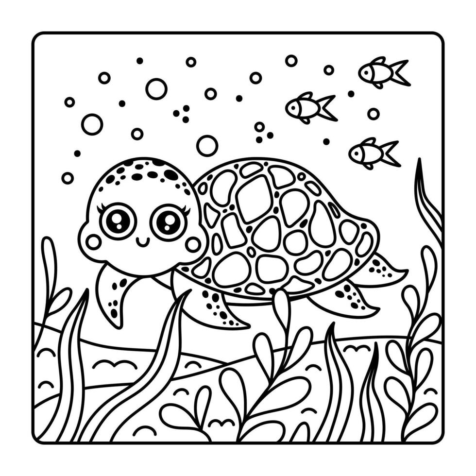 Turtle coloring book. Cute underwater animal swims and smiles. Friendly ocean reptile with shell. Funny character on the seabed among fish, seaweed, bubbles. Black and white clipart for children, kids vector