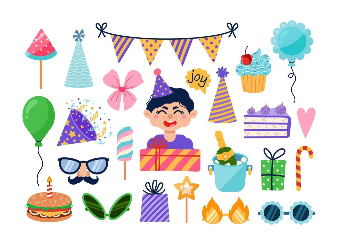 Birthday party vector set. Cute smiling boy with a gift. Festive elements - firecracker, cake, champagne, balloon, sweets, garland. Surprise for a child, holiday celebration. Happy kid cartoon clipart