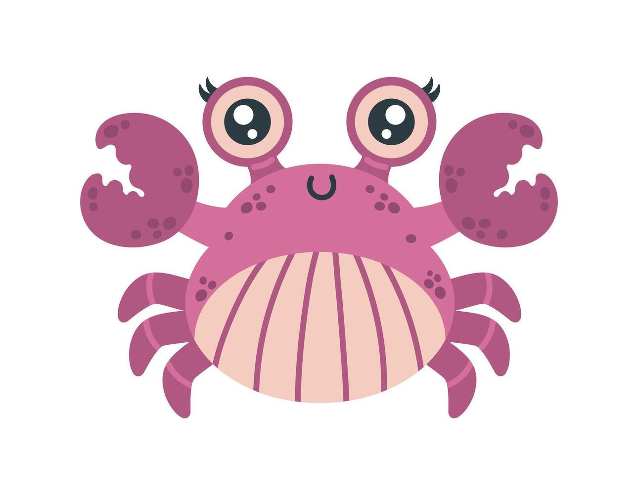 Funny crab vector illustration. Cute crustacean animal smiles and waves its claws. A pink pet with a striped belly and a spotted shell. Friendly sea character. Flat cartoon clipart for kids, babies