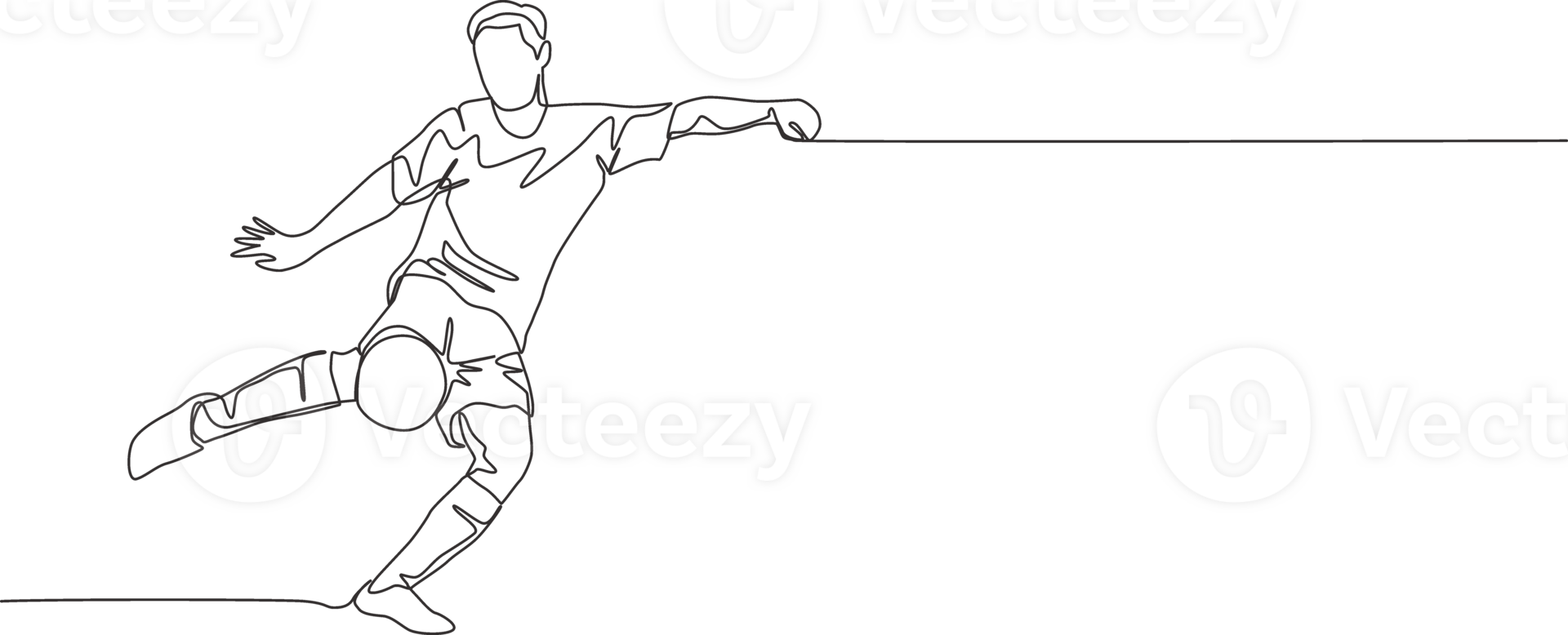 Single continuous line drawing of young energetic football striker shooting a first time kick technique. Soccer match sports concept. One line draw design illustration png