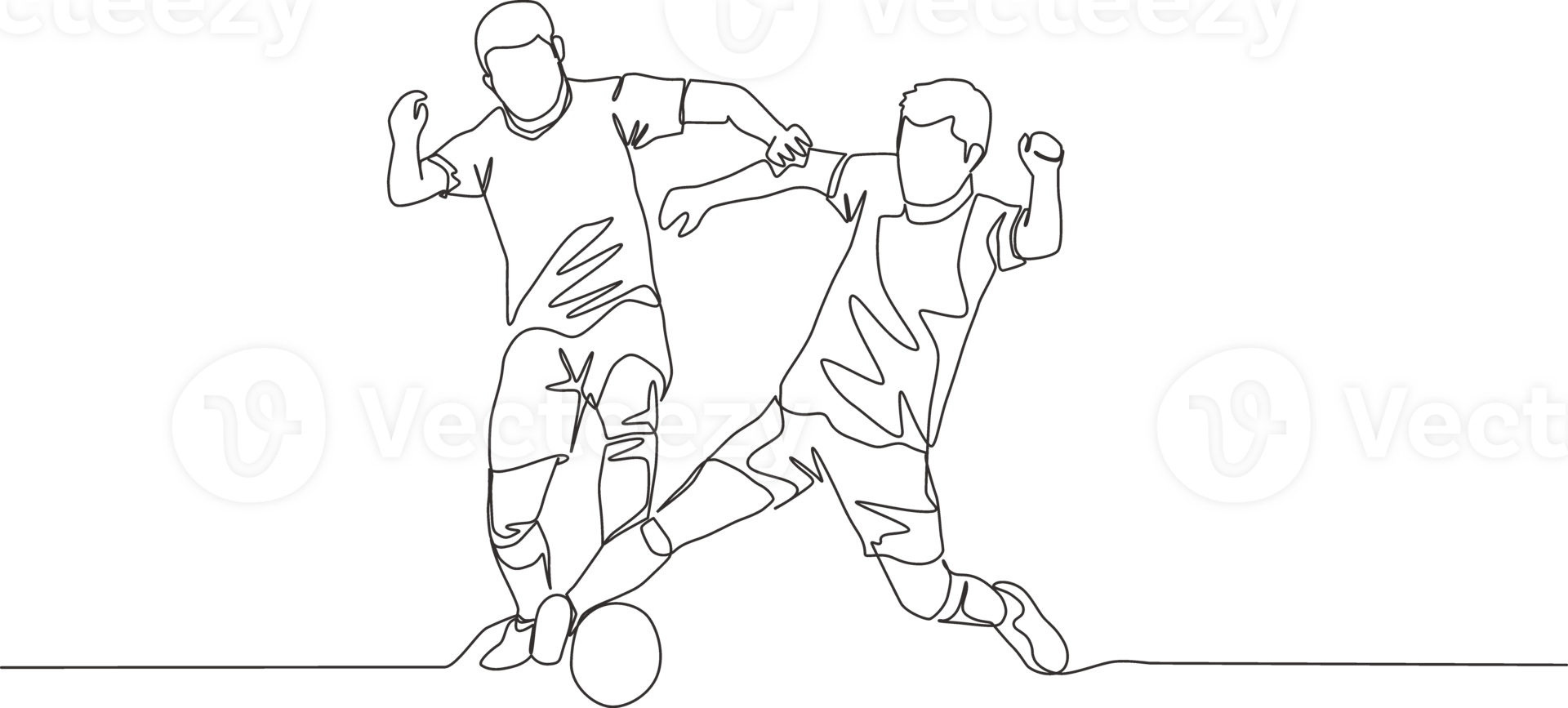 Single continuous line drawing of two football players fighting for the ball at the game. Soccer match sports concept. One line draw design illustration png