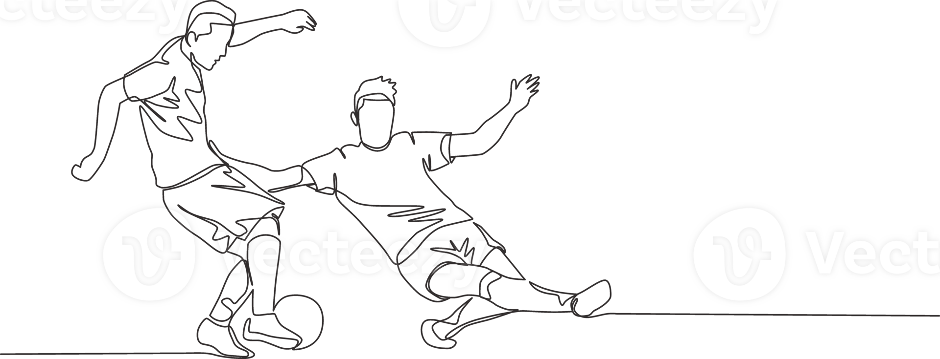 Single continuous line drawing of young energetic football player sliding opponent player when he wants to dribbling pass him. Soccer match sports concept. One line draw design illustration png