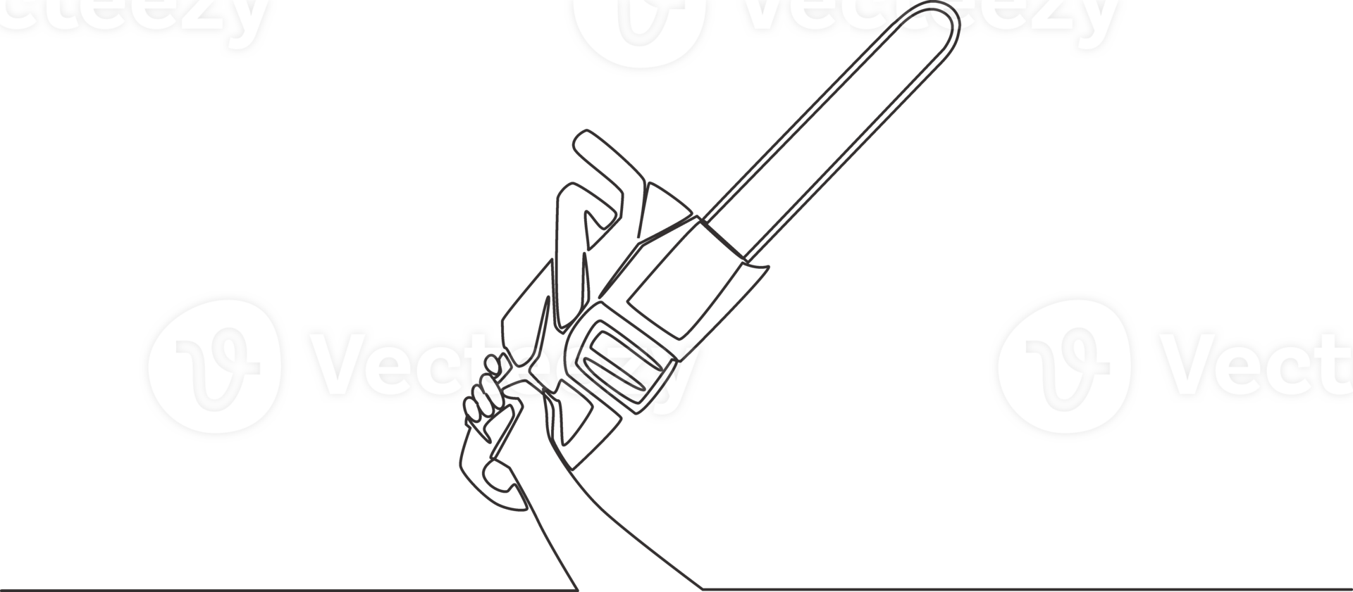 One continuous line drawing of man holding chainsaw. Woodworker tools concept. Single line draw design illustration png