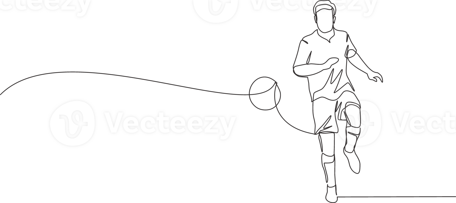 One single line drawing of young happy football player with short sleeve calmly controlling the ball passed to him. Soccer match sports concept. Continuous line draw design illustration png