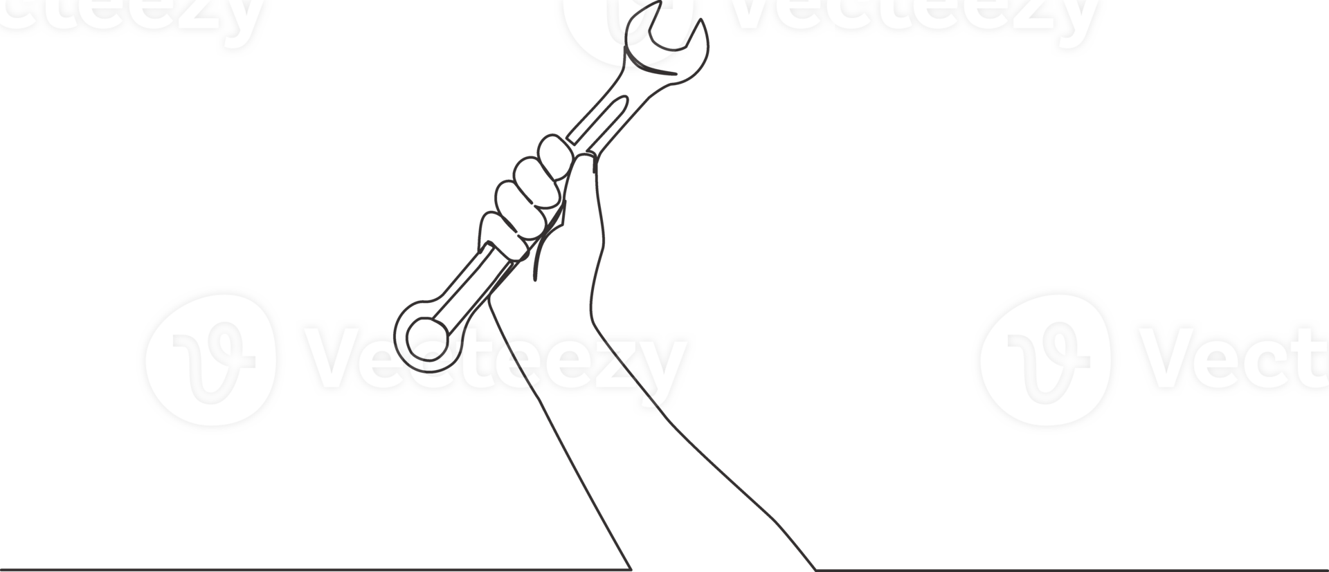 One single line drawing of man holding stainless steel wrench key. Mechanic and handyman tools concept. Continuous line draw design illustration png