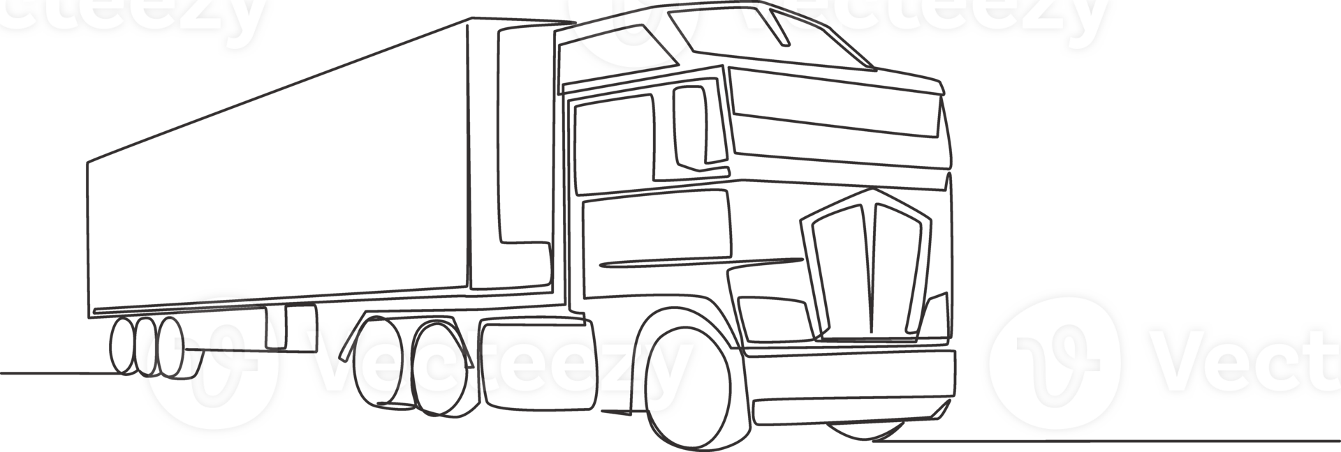 One line drawing of modern big trailer truck with container. Courier cargo delivering vehicle transportation concept. Single continuous line draw design png