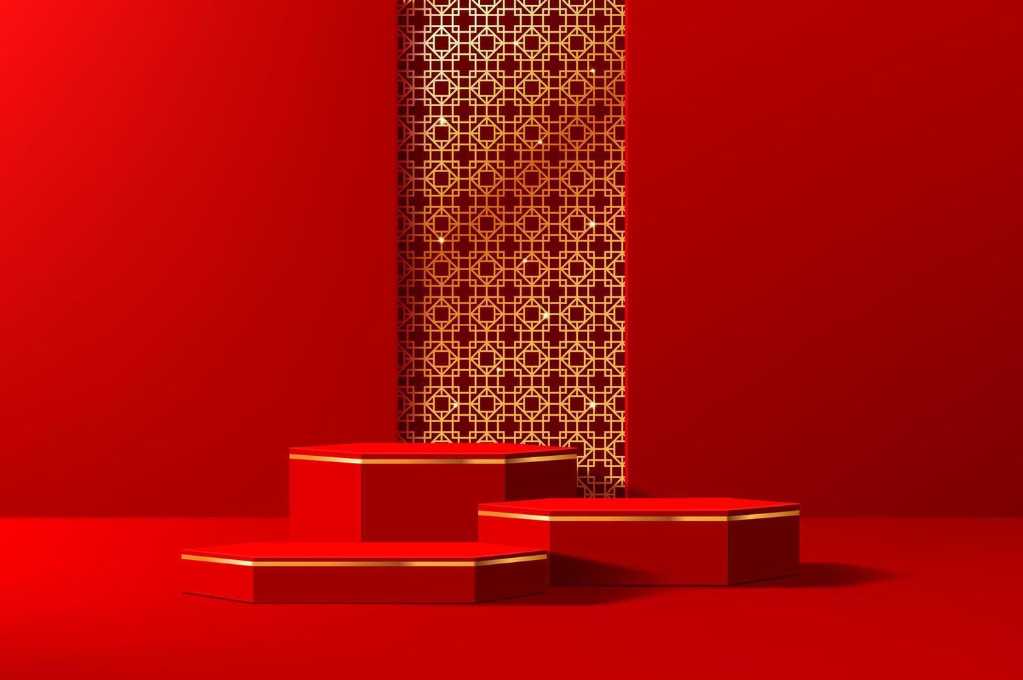 Red Chinese podium stage with golden lattice vector