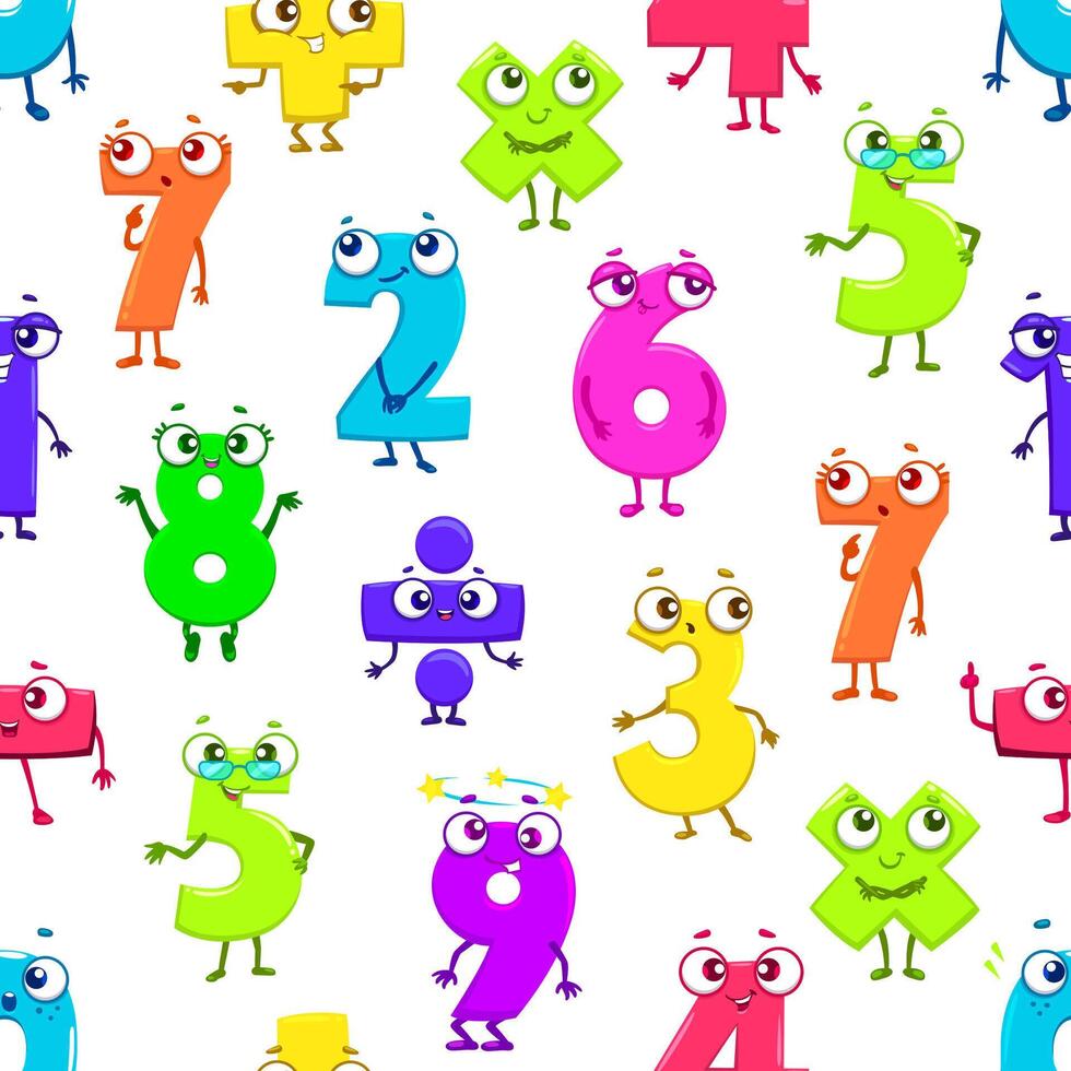 Cartoon math number characters seamless pattern vector