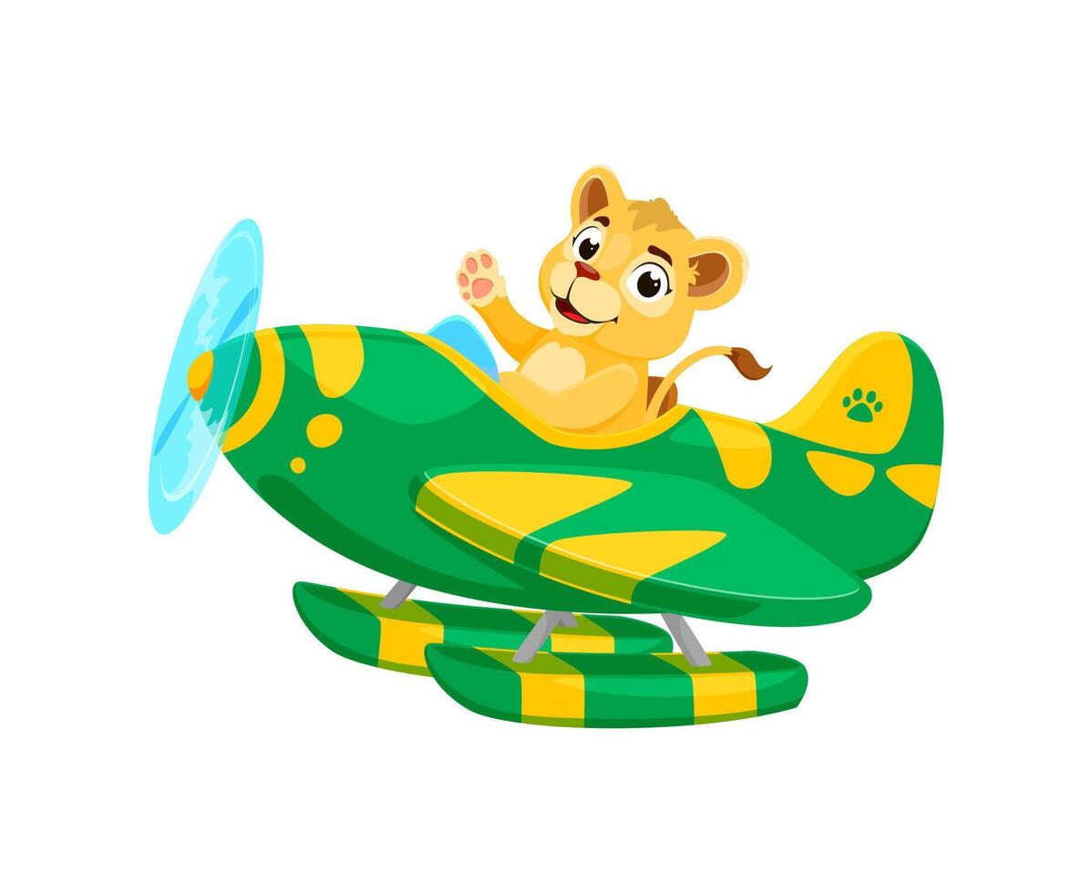 bebé animal en avión. dibujos animados linda león niño piloto vector