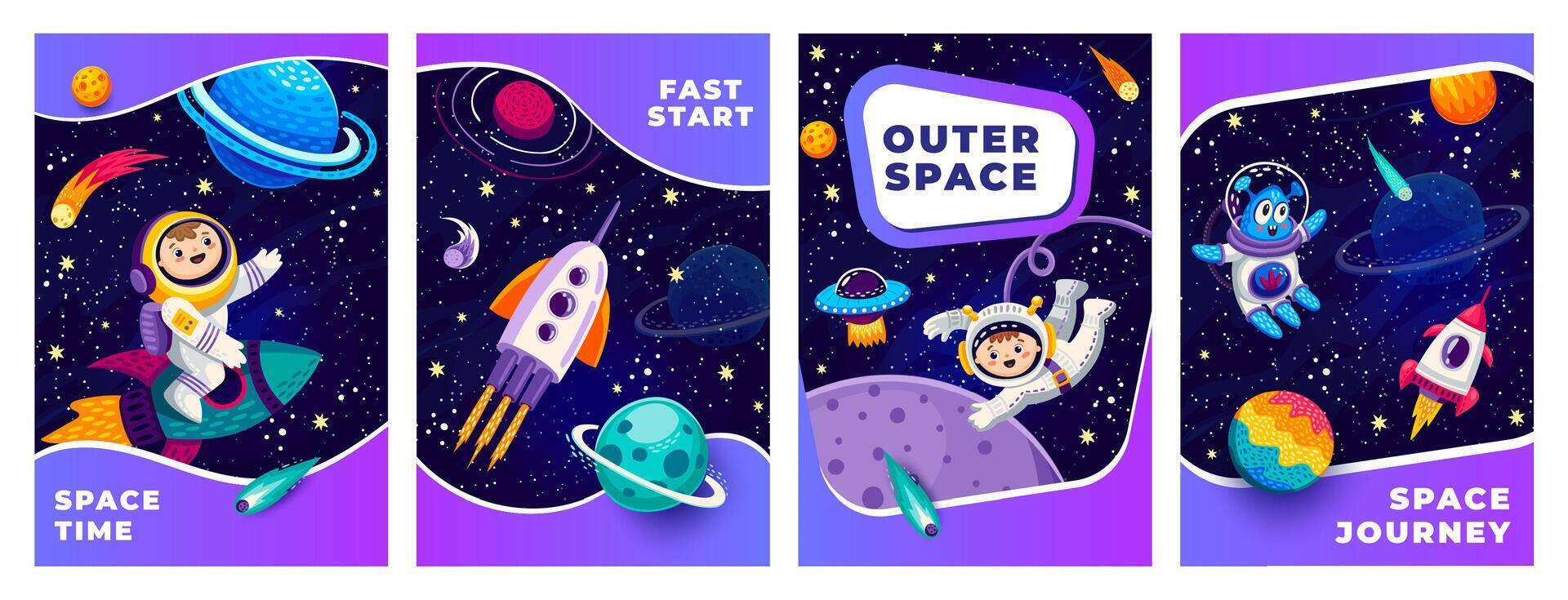 Space posters with astronaut, alien and rocket vector