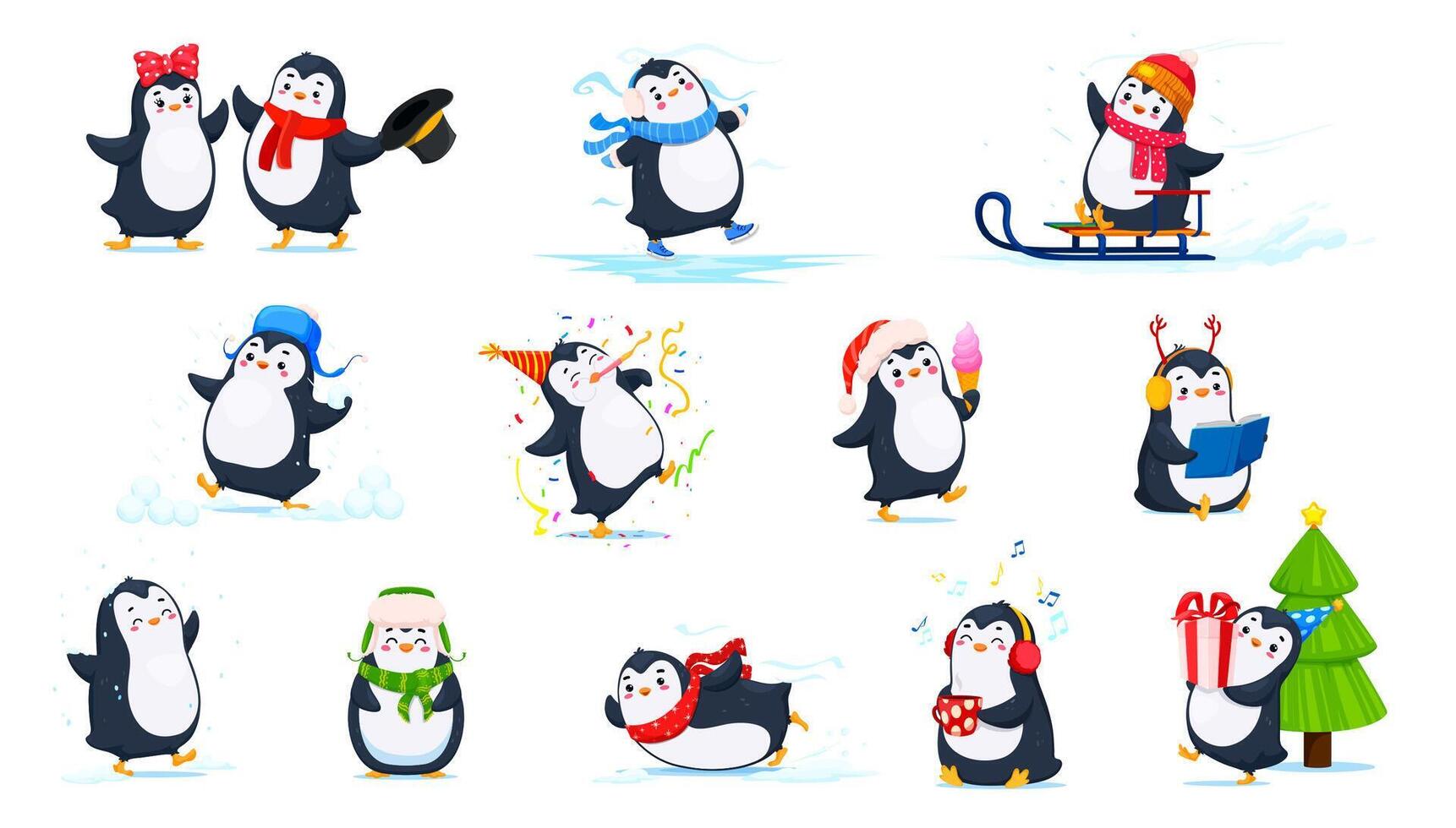 dibujos animados linda pingüino caracteres, invierno ocupaciones vector