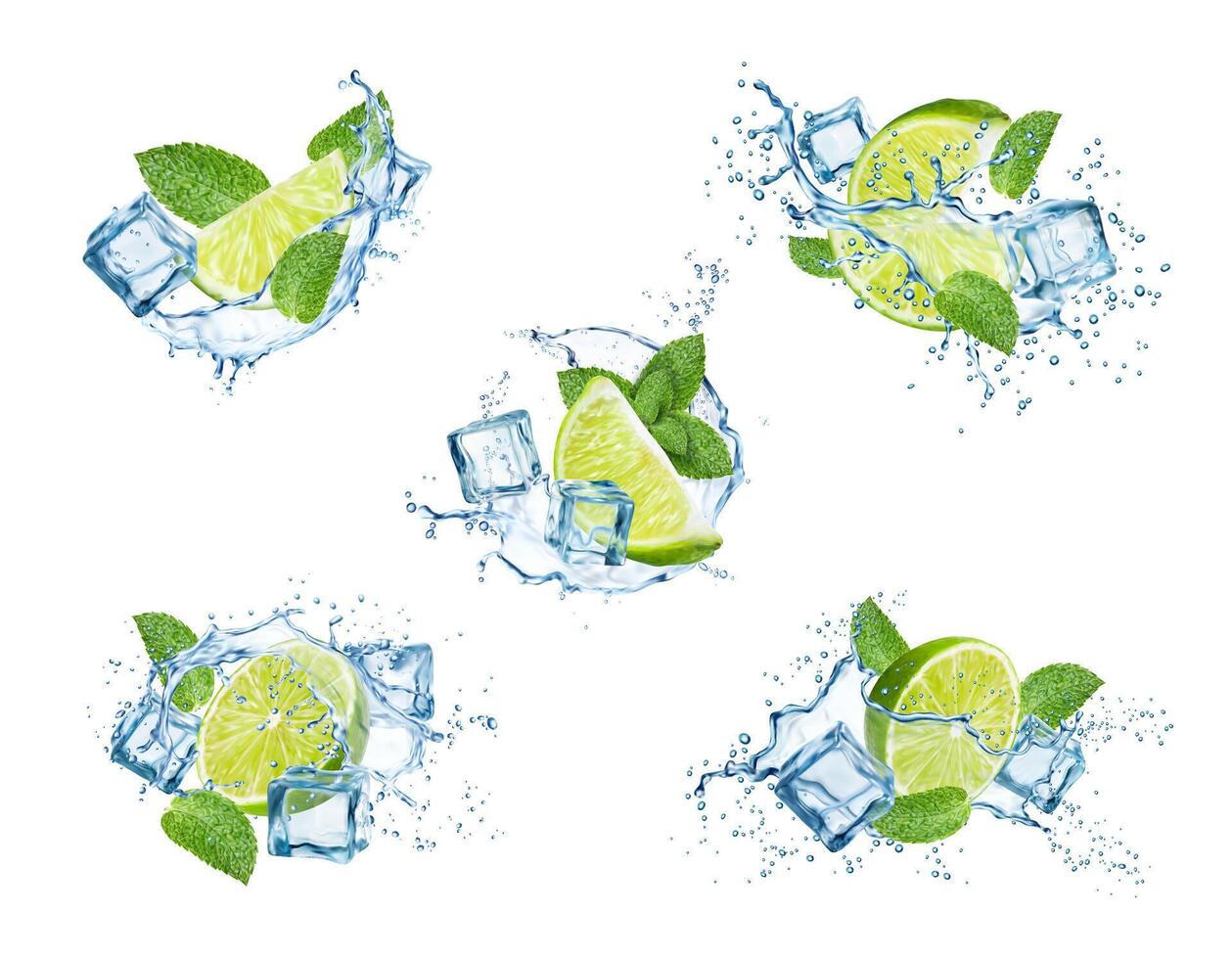 Realistic mojito splash, ice cubes, lime and mint vector