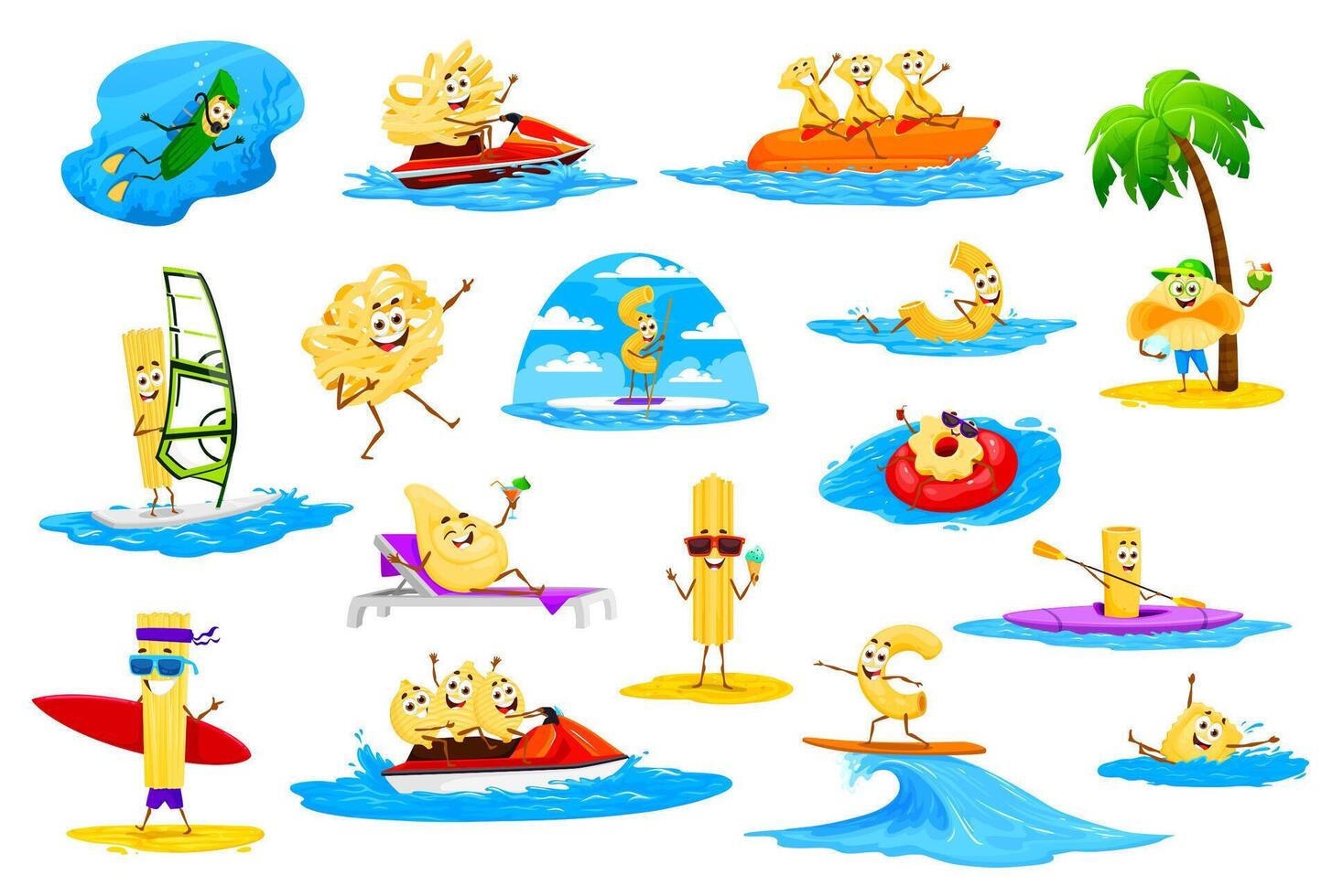 Cartoon pasta characters on summer beach vacation vector