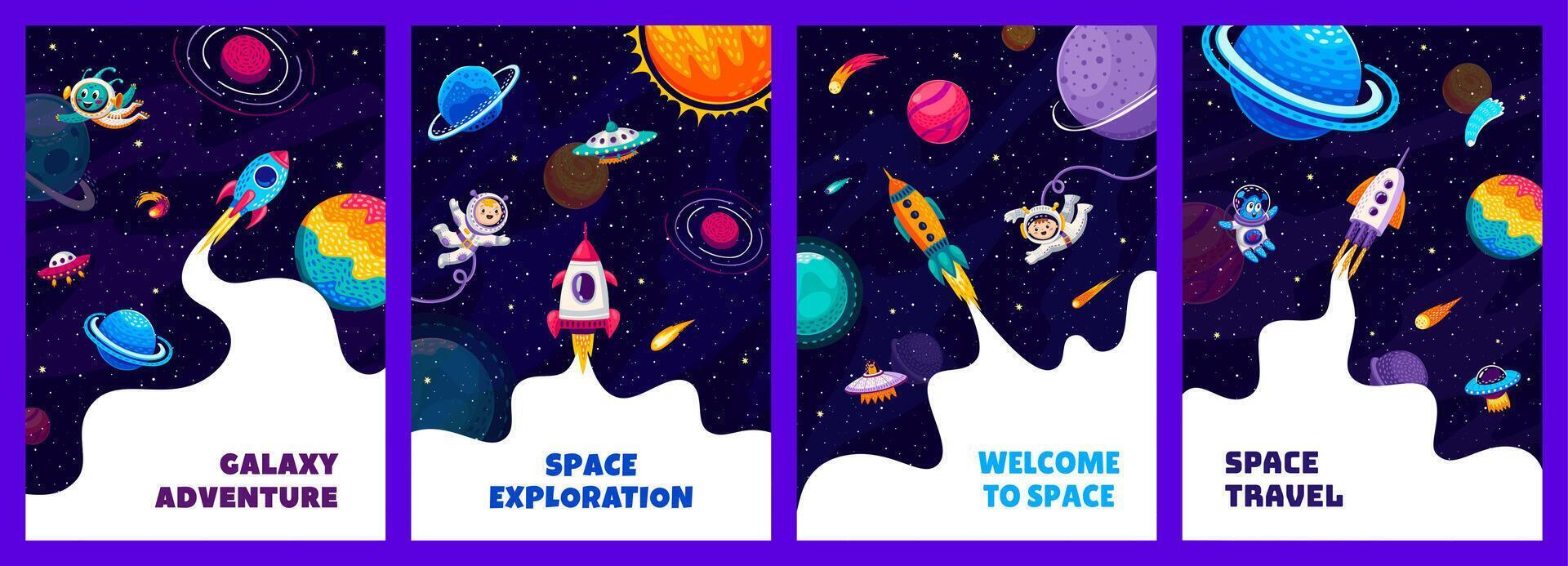 espacio carteles y volantes dibujos animados niño astronautas vector