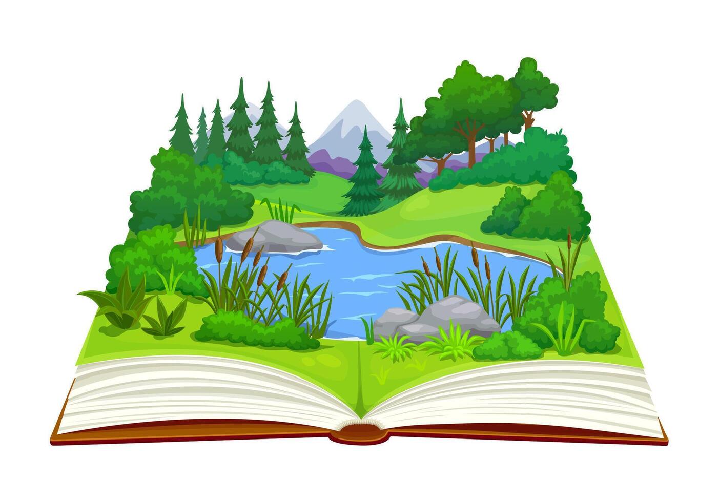 Cartoon opened book with pond, mountain and forest vector