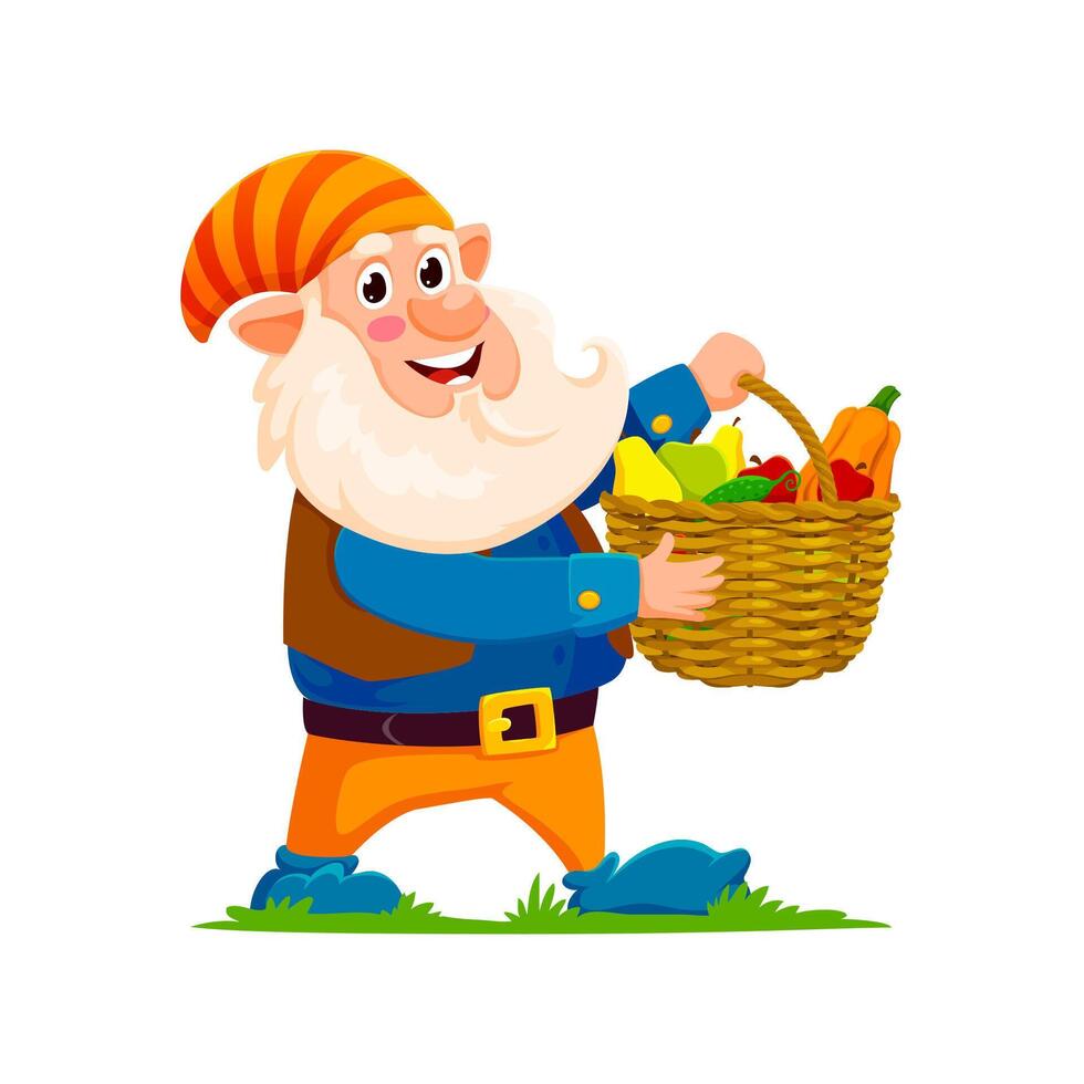 Cartoon gnome with ripe raw fruits crop in basket vector