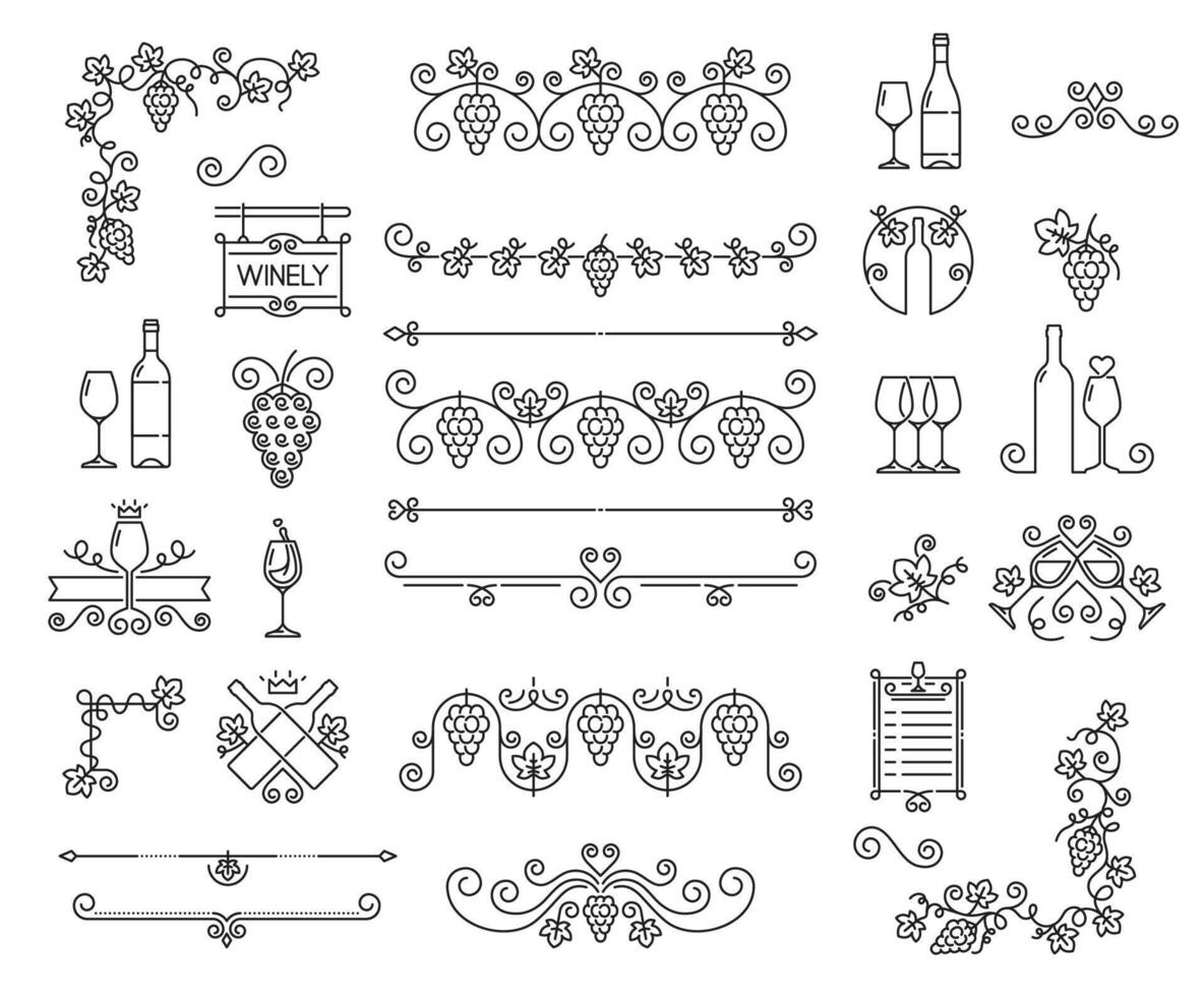 Wine vine outline decor ornaments, grape branch vector