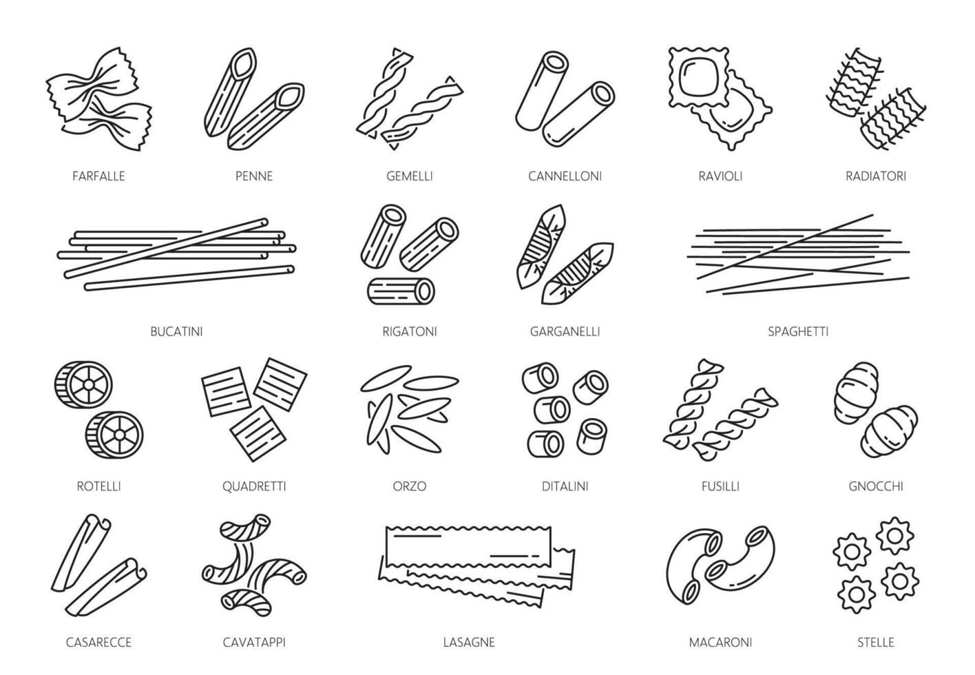 Pasta type outline icons or noodles pictograms vector