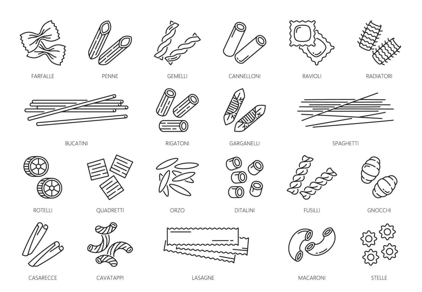 pasta tipo contorno íconos o tallarines pictogramas vector