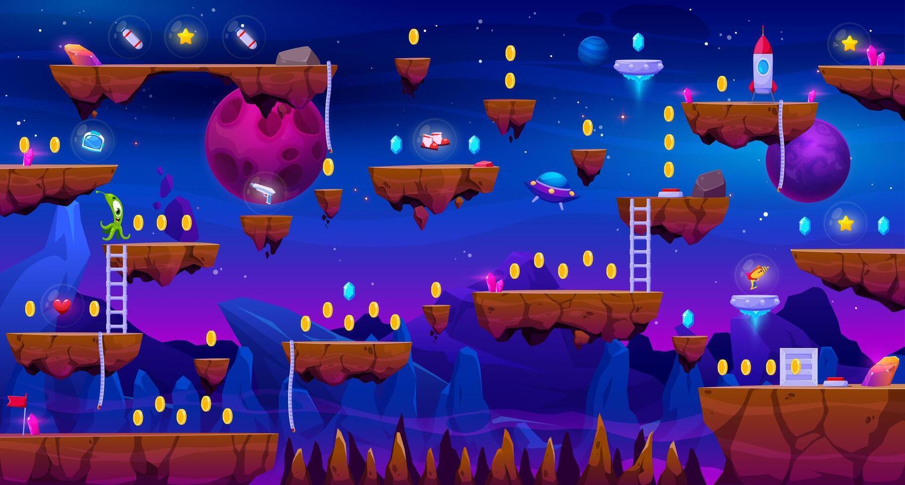 Arcade galaxy space planet game level map, UFO vector