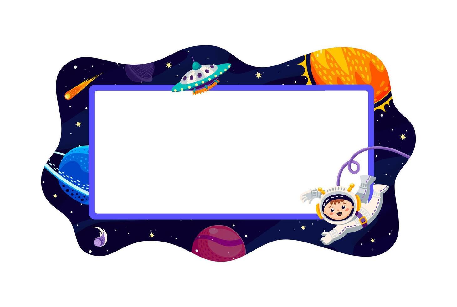 Cartoon galaxy space kid frame with child spaceman vector