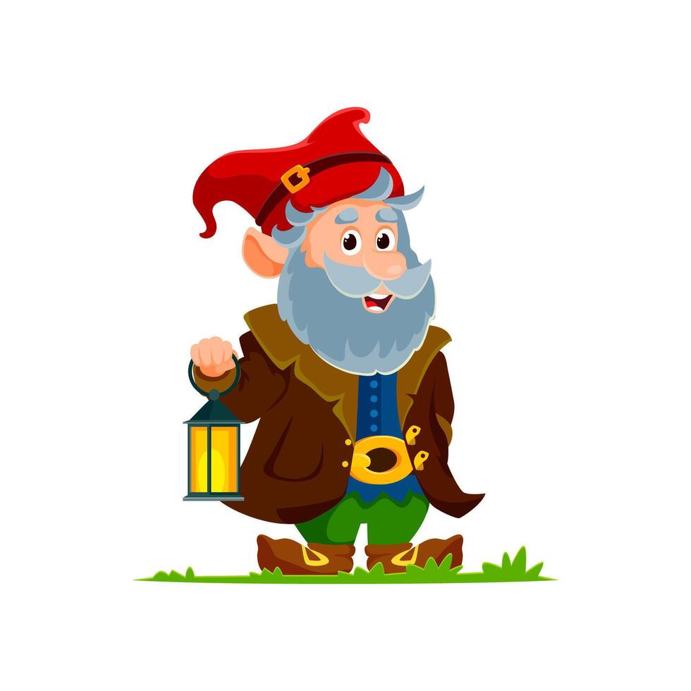 Cartoon gnome or dwarf with glowing garden lantern vector