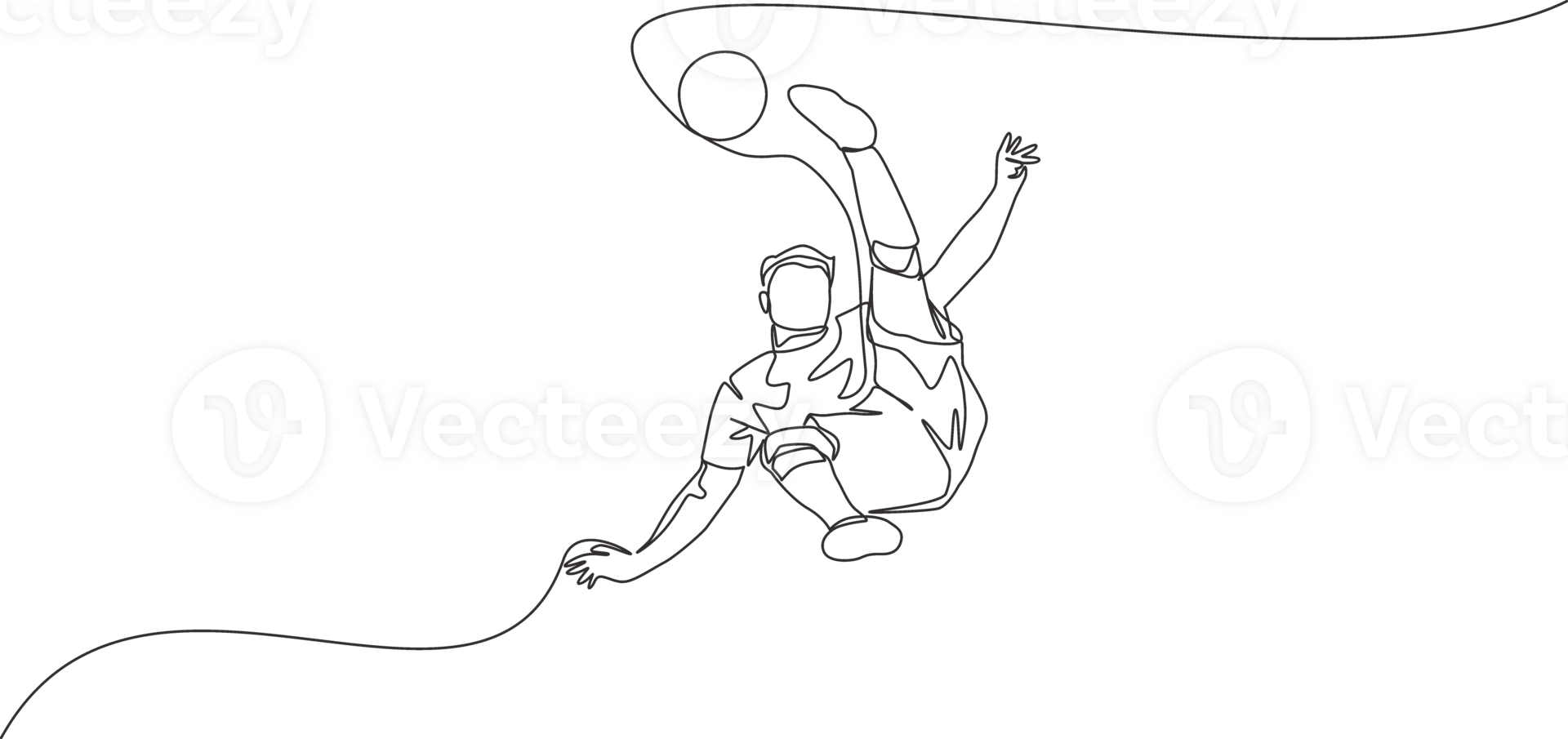Single continuous line drawing of young talented football player shooting the ball with bicycle kick technique. Soccer match sports concept. One line draw design illustration png