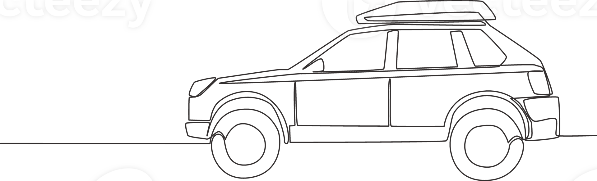 Continuous line drawing of tough suv car with roof rack. Adventure vehicle transportation concept. One single continuous line draw design png