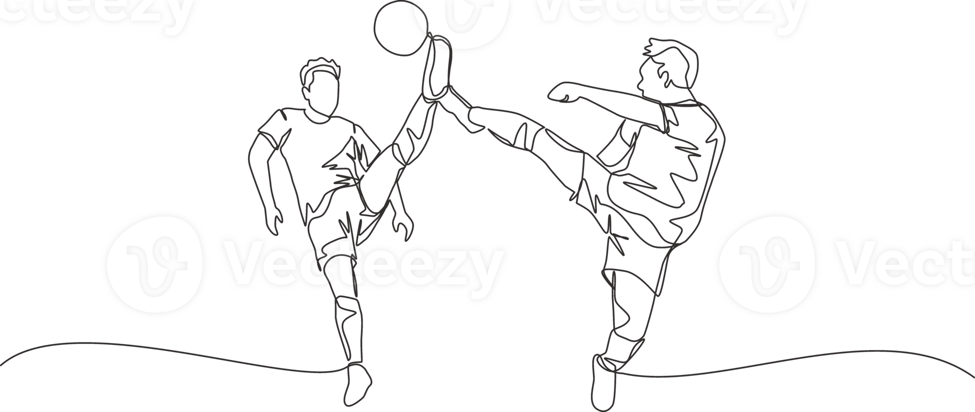 Single continuous line drawing of two young energetic opposite football players kick the ball together to get the ball. Soccer match sports concept. One line draw design illustration png
